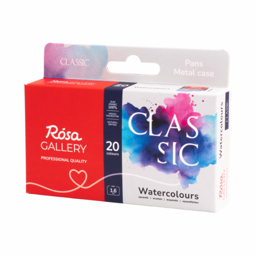 Набір акварельних фарб ROSA Gallery CLASSIC, 20×1,6 мл, напівкювети, бірюзовий металевий пенал S