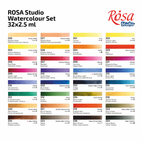 Набір акварельних фарб ROSA Studio 32 кольори по 2,5 мл у кюветах