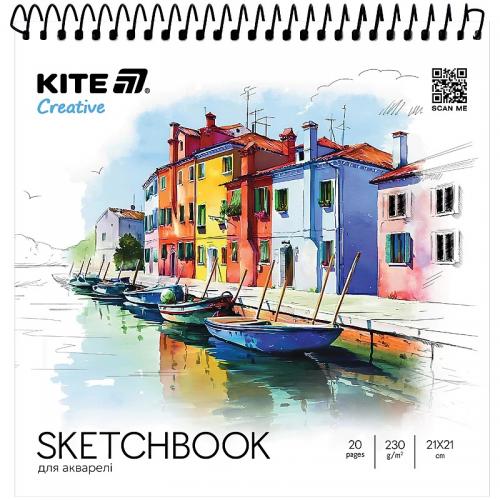 Скетчбук для акварелі Kite Creative 21×21 см 20 аркушів 230 г/м, пружина