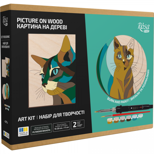 Набір для випалювання картини на дереві Rosa Cats з фарбами