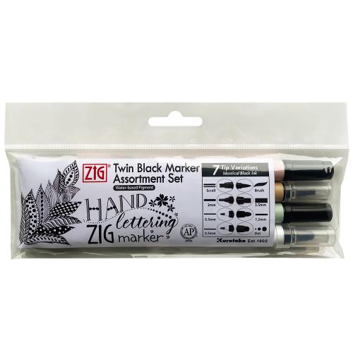 Набір маркерів Kuretake ZIG TWIN BLACK MARKER 4шт.